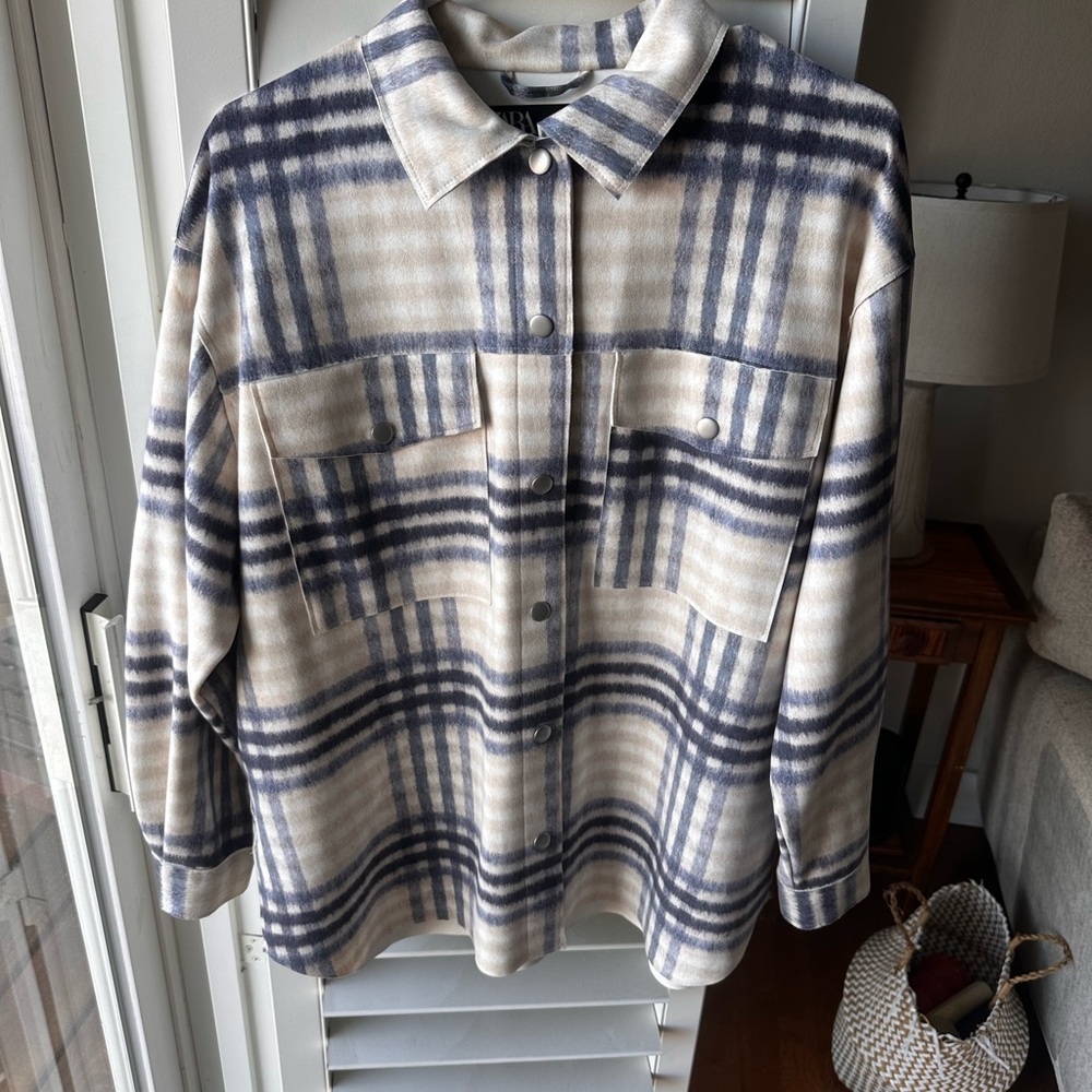 Zara Blue and Cream Faux Suede Plaid Top